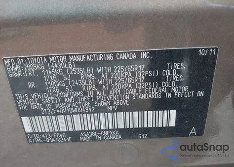 2011 Toyota Rav4 из США, поврежденный, VIN 2T3ZF4DV1BW094942